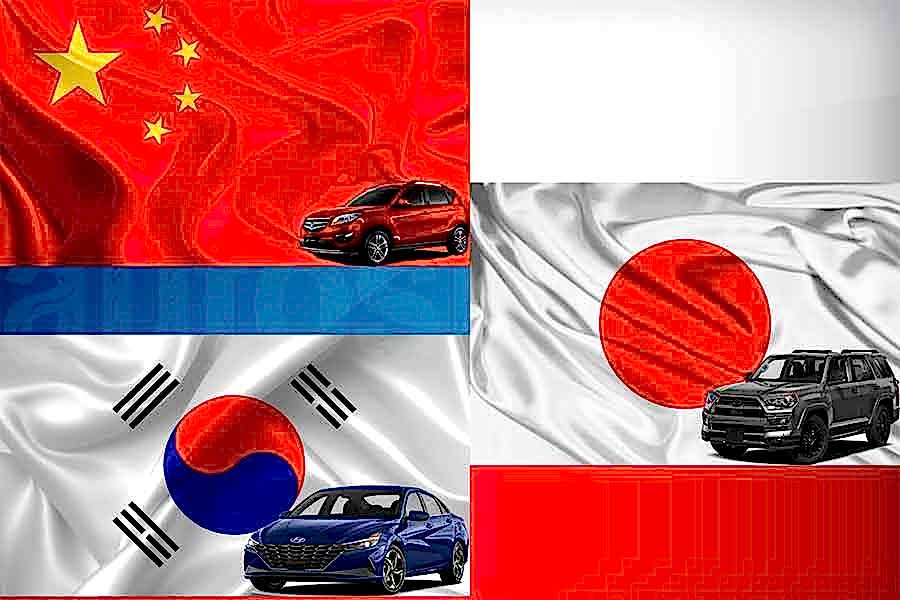 Автомобили из Японии, Кореи и Китая на фоне флага Казахстан - символ поставки авто с азиатских аукционов