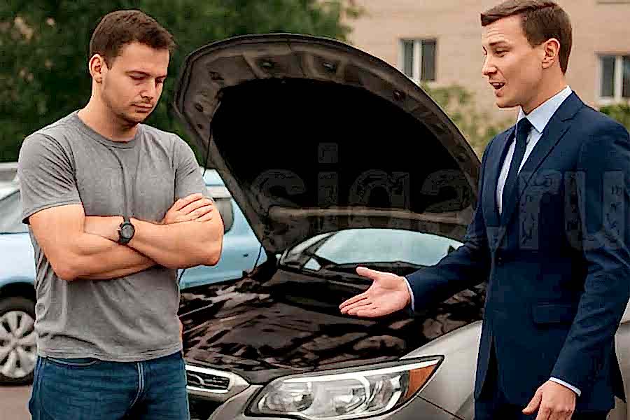 Покупатель настороженно осматривает подержанный автомобиль у подозрительного продавца